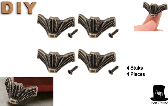 Bob Online™ - 4 Stuks - Antieke Messing Houten Doos Voetjes + 4 Schroeven - Meubel Pootjes – Brons Kleurig – Afmetingen (L)24 x (B)22 x (H)15mm – 4 Pieces – Antique Wooden Box Metal Feet – Furniture Decorative Feet – Decoratieve Mini Meubel Voetjes