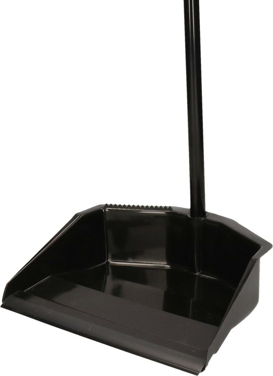 Zwarte stoffer met een gekartelde rand en een steel, op een witte achtergrond.