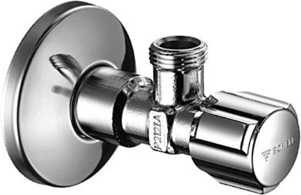 Hoekregelkraan Schell haaks met rozet 1/2 out x 10 mm knel of 3/8 out