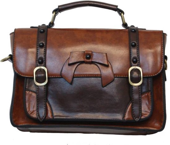 Sac à main marron avec boucles, nœud et détails dorés. Poche avant avec deux sangles et boucles.