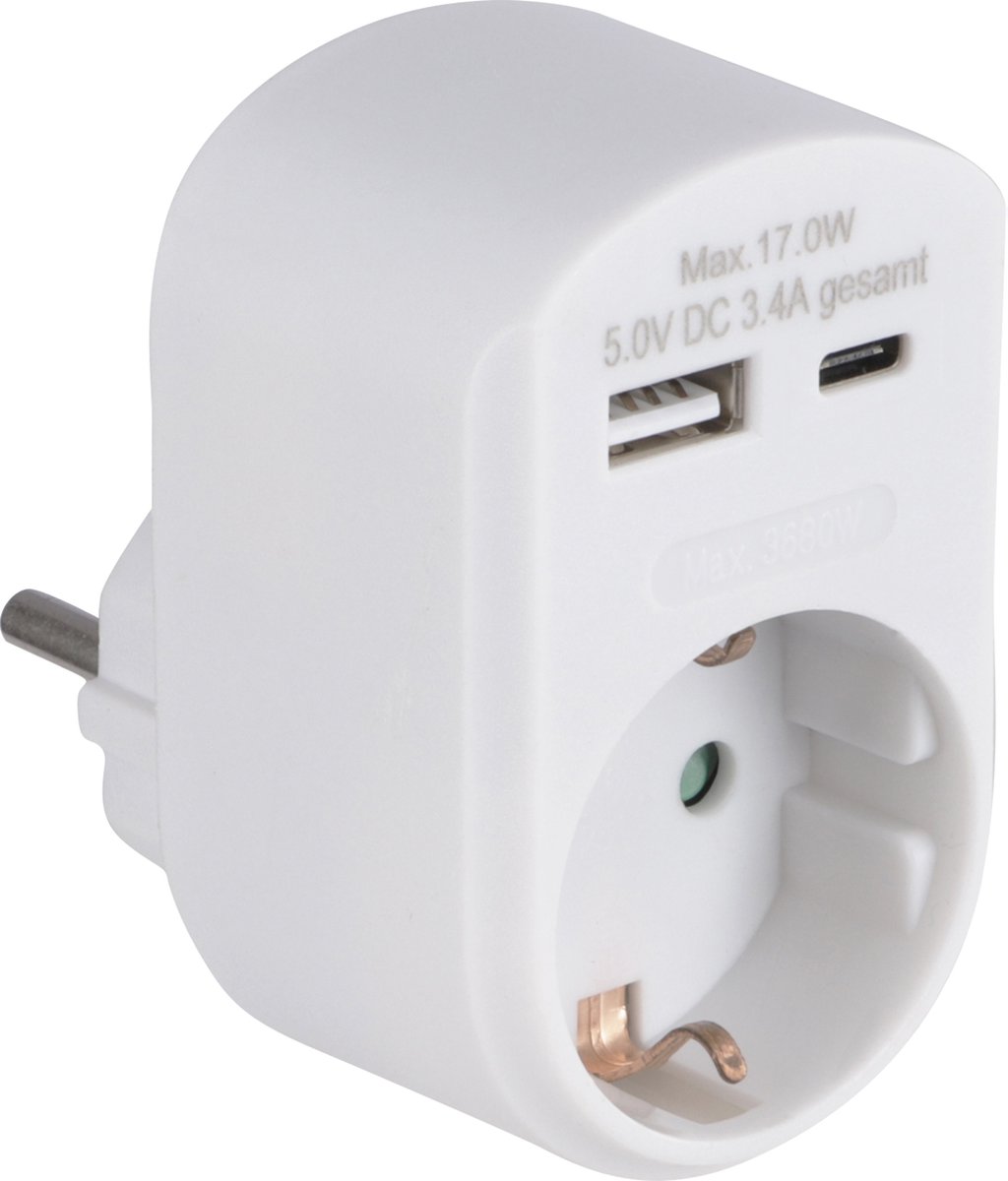 Adapterstekker 230V USB A/C 3.4A wit