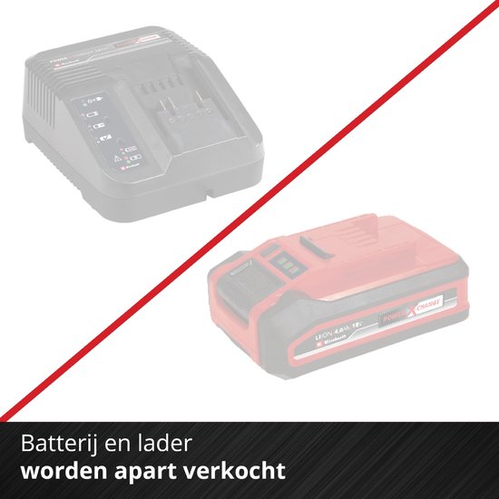 Rode accu en lader van het Einhell Power X-Change systeem. Batterij en lader worden apart verkocht.