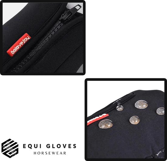 Zwarte handschoen met rits en rode 'Golaive Joy' logo. Waterdruppels op textuur.