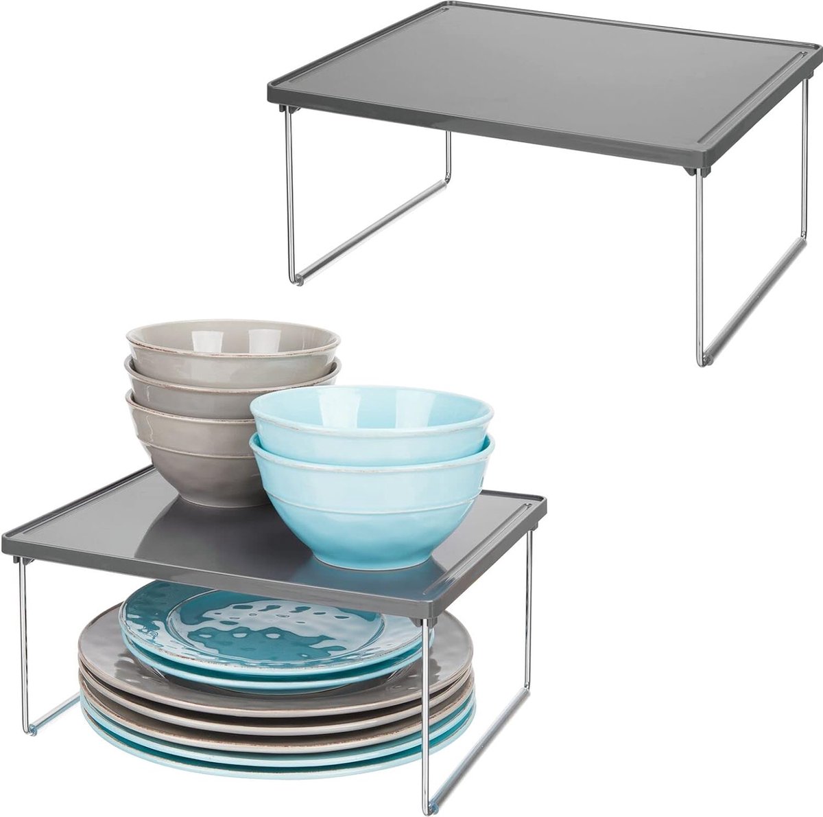 Set van 2 Bordenrekken voor de Keuken – Praktische Afdruiprek van Kunststof en Metaal voor meer Opbergruimte – Antislip Kastinzet om te Stapelen – Leigrijs Zilverkleurig