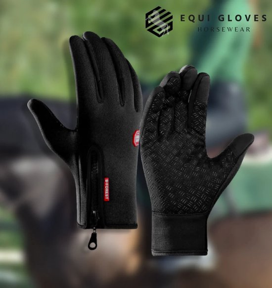 Gants d'équitation d'hiver noirs, avec fermeture éclair et inscription rouge 'B-FOREST'. Paume avec motif antidérapant.