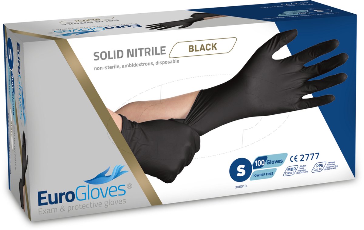 Goedkoopste Voordeelverpakking handschoenen 2 x Eurogloves solid-nitrile poedervrij zwart - Small 100 stuks