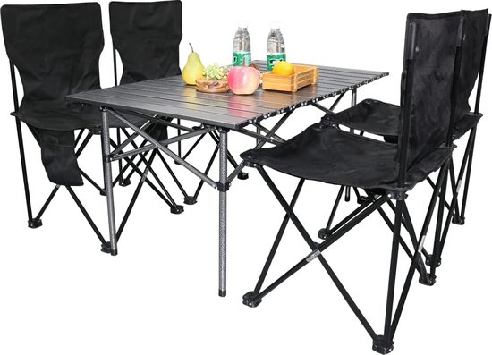 Camping draagbare klaptafels en 4-delige stoelenset, opvouwbare picknicktafel en stoelen met draagtas, zwart. Kamperen draagbare klaptafels en 4-delige stoelenset, opvouwbare picknicktafel en stoelen met draagtas, zwart.