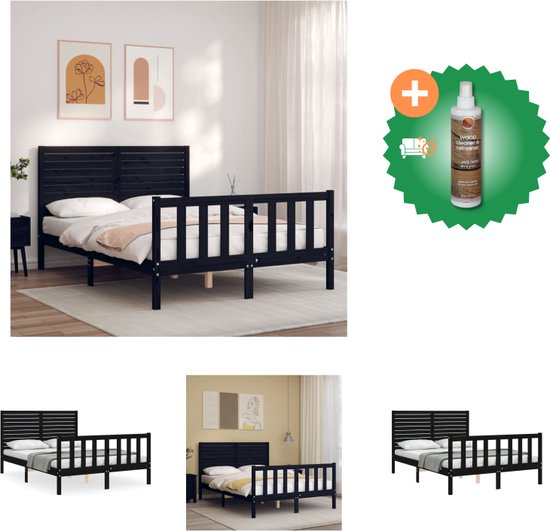 vidaXL Bedframe met hoofdbord massief hout zwart 140x200 cm - Bed - Inclusief Houtreiniger en verfrisser