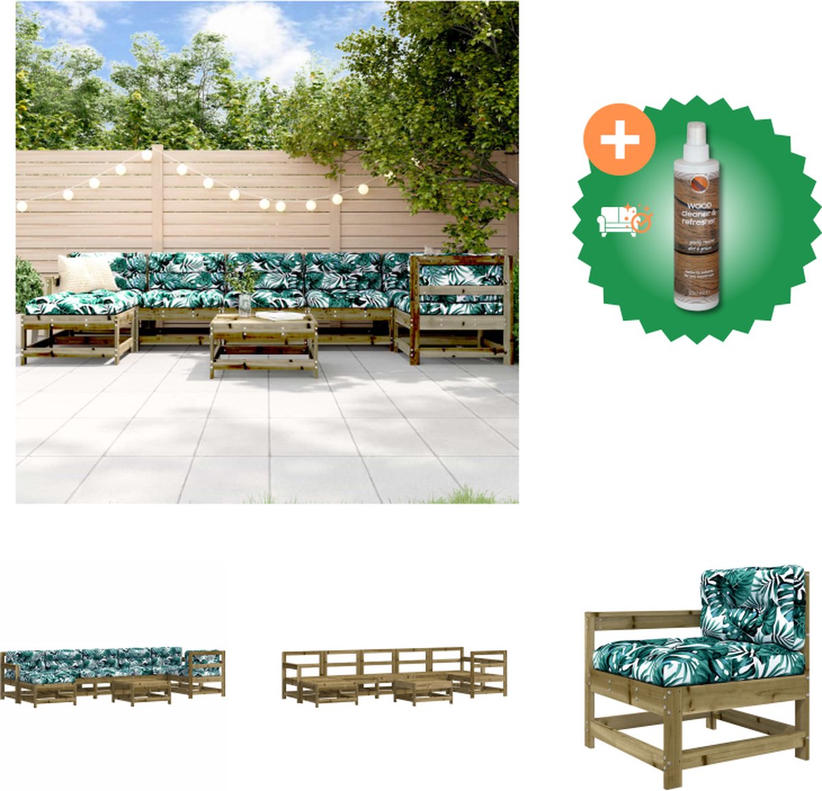VidaXL Loungeset Grenenhout Modulair 8 zitkussens 9 rugkussens Tuinset Inclusief Houtreiniger en verfrisser