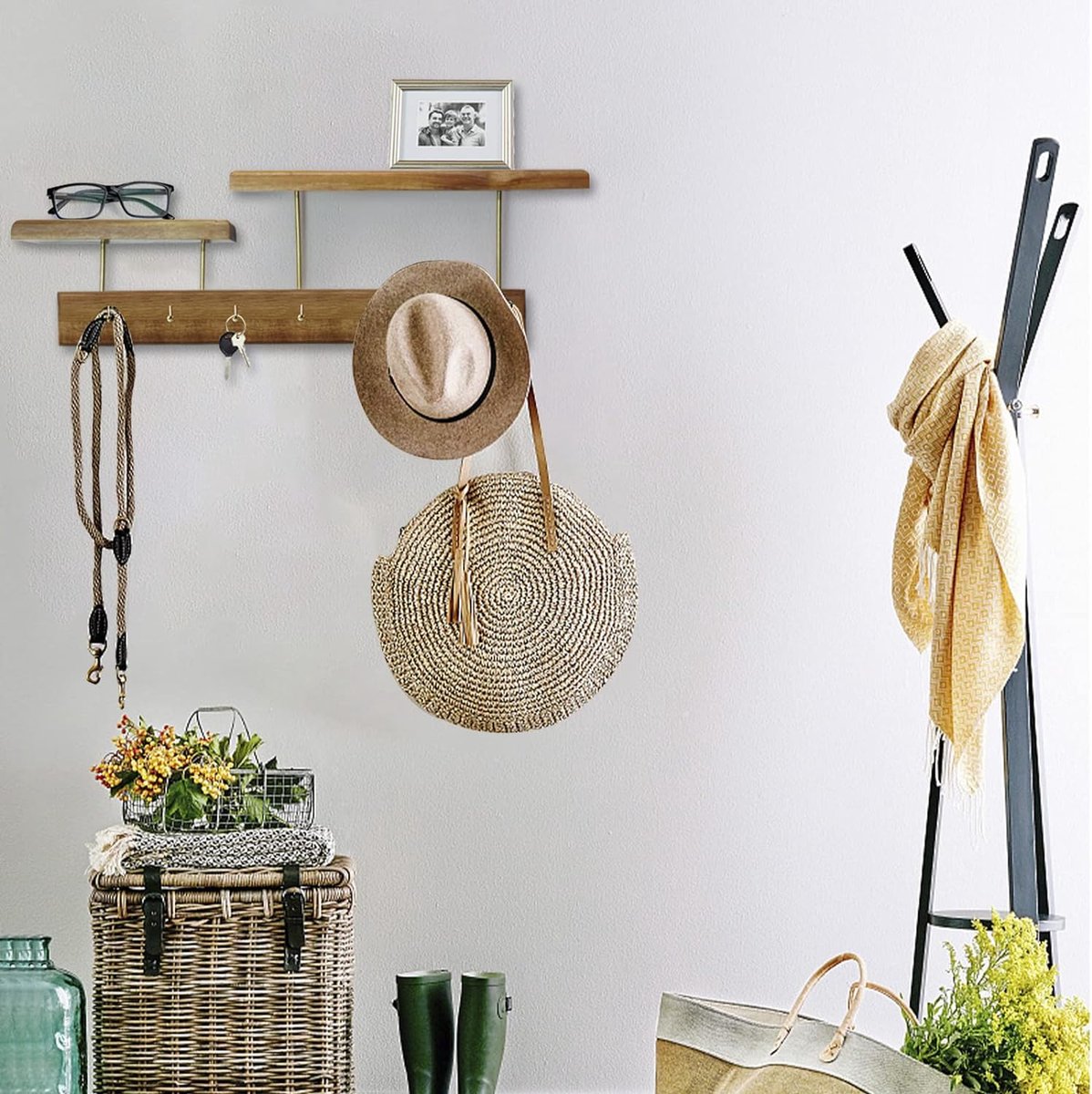 Houten sleutelhouder aan de muur met plank en 4 haken, rustieke sleutelhouder voor in de hal, opbergruimte voor thuis Houten sleutelhouder aan de muur met plank en 4 haken, rustieke sleutelhouder voor in de hal, opbergruimte voor thuis