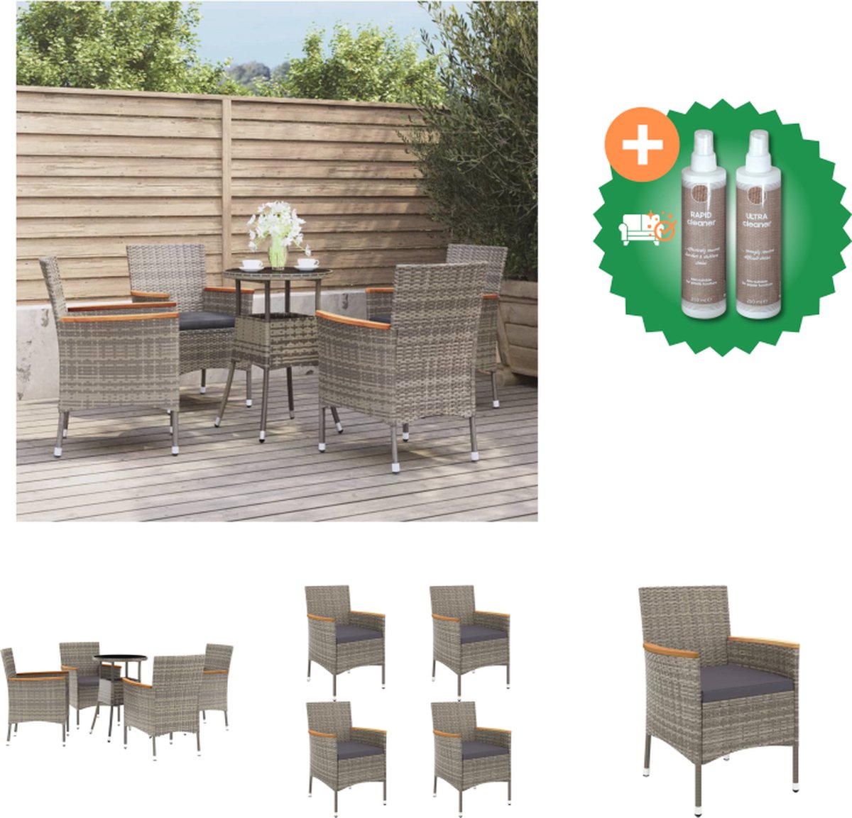 VidaXL 5 delige Bistroset met kussens poly rattan grijs Tuinset Inclusief Onderhoudsset