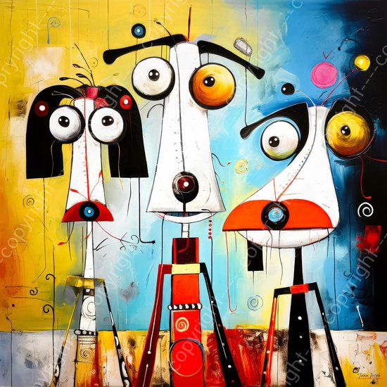 JJ-Art (Canvas) 100x100 | Grappige honden, humor, abstract, Joan Miro stijl, surrealisme, kunst | Dier, hond, blauw, rood, wit, geel, modern, vierkant | Foto-Schilderij canvas print (wanddecoratie)