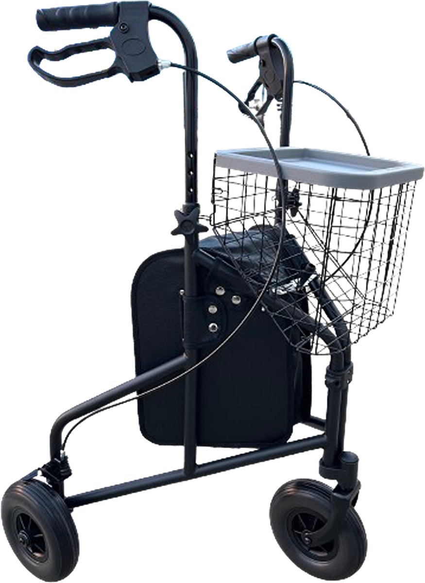 Driewiel indoor rollator zwart - Lichtgewicht - Inclusief dienblad, mandje en tas - Inklapbaar / opvouwbaar - Binnen drie wiel rollator