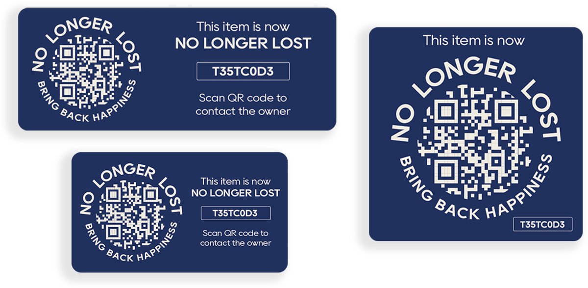 NoLongerLost - 'Triple Value Pack' Stickers - 3 stuks (verschillende afmetingen) - Donkerblauw - Unieke QR code - Tracking