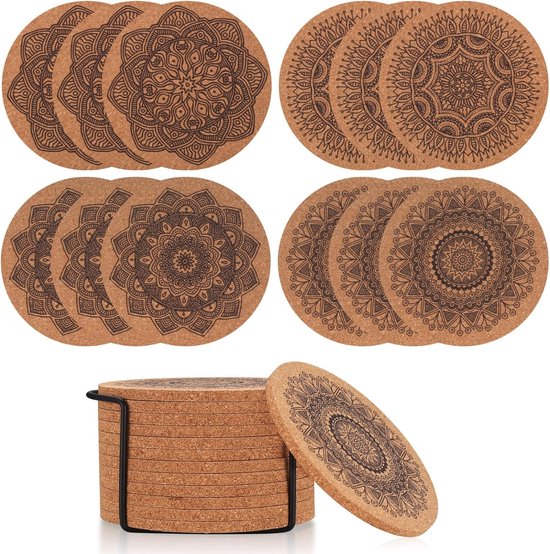 Dessous De Verre En Liège - Lot De 16 Ronds 10cm - Motif Mandala Avec Support Métal