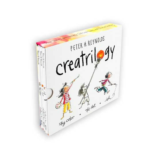 Creatrilogy par Peter H. Reynolds. Trois livres: sky color, the dot, ish. Avec des illustrations d'enfants créatifs.