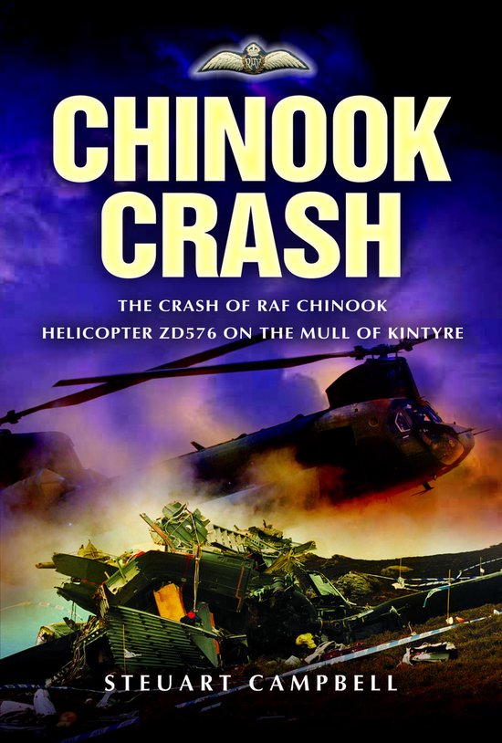 Boekomslag "Chinook Crash", met een neergestort gevechtsvliegtuig in rook en brokstukken. Tekst: "Chinook Crash".