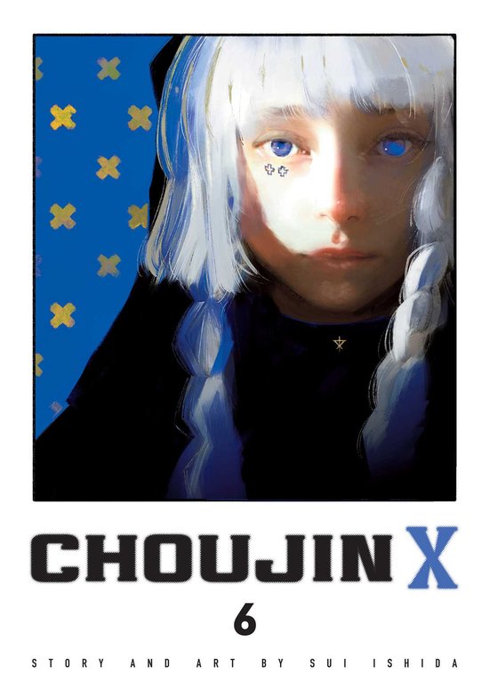 Couverture du livre Choujin X, volume 6, montrant une fille d'anime aux cheveux blancs et aux yeux bleus sur un fond bleu avec des croix dorées. Le titre 'CHOUJIN X' est en bas.