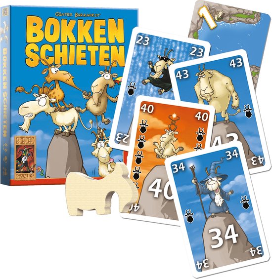 Speldoos Bokken Schieten en speelkaarten met geiten op rotsen, getallen 1, 23, 34, 40, 43.
