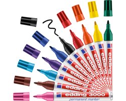 edding 3000 permanent marker - 10 kleuren - 10 stiften - ronde punt 1,5-3 mm - water en wrijfvast - voor karton, kunststof, hout, metaal, etc. - alcohol markers voor volwassenen
