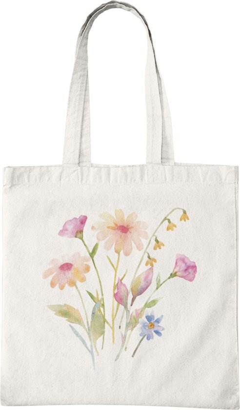 Katoenen Tas met Print - Flower Design - Tote Bag - Wit