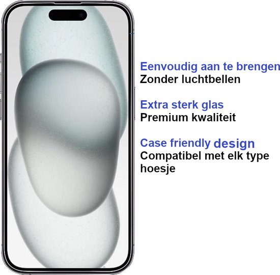 Een smartphone met een screenprotector. Nederlandse tekst benadrukt extra sterk glas en case friendly design.