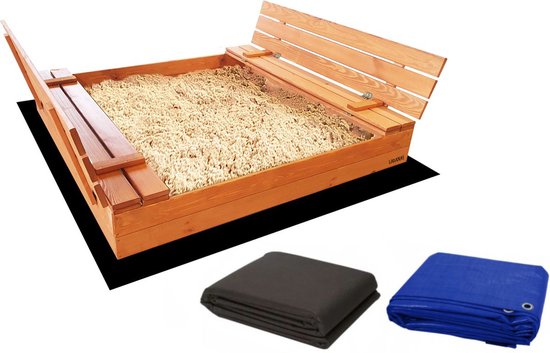 Afsluitbare XL Zandbak met Banken 140x140 cm – Gecertificeerd & Geïmpregneerd Hout | Incl. AFDEKZEIL & GRONDDOEK | Voor 2-3 Kinderen