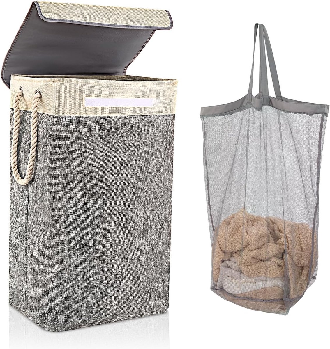 Wasmand met deksel, 84 liter, opvouwbare waszak met waszak en touwgreep, groot, geschikt voor slaapkamer, bijkeuken, badkamer, 68 x 42 x 31 cm, beige + grijs