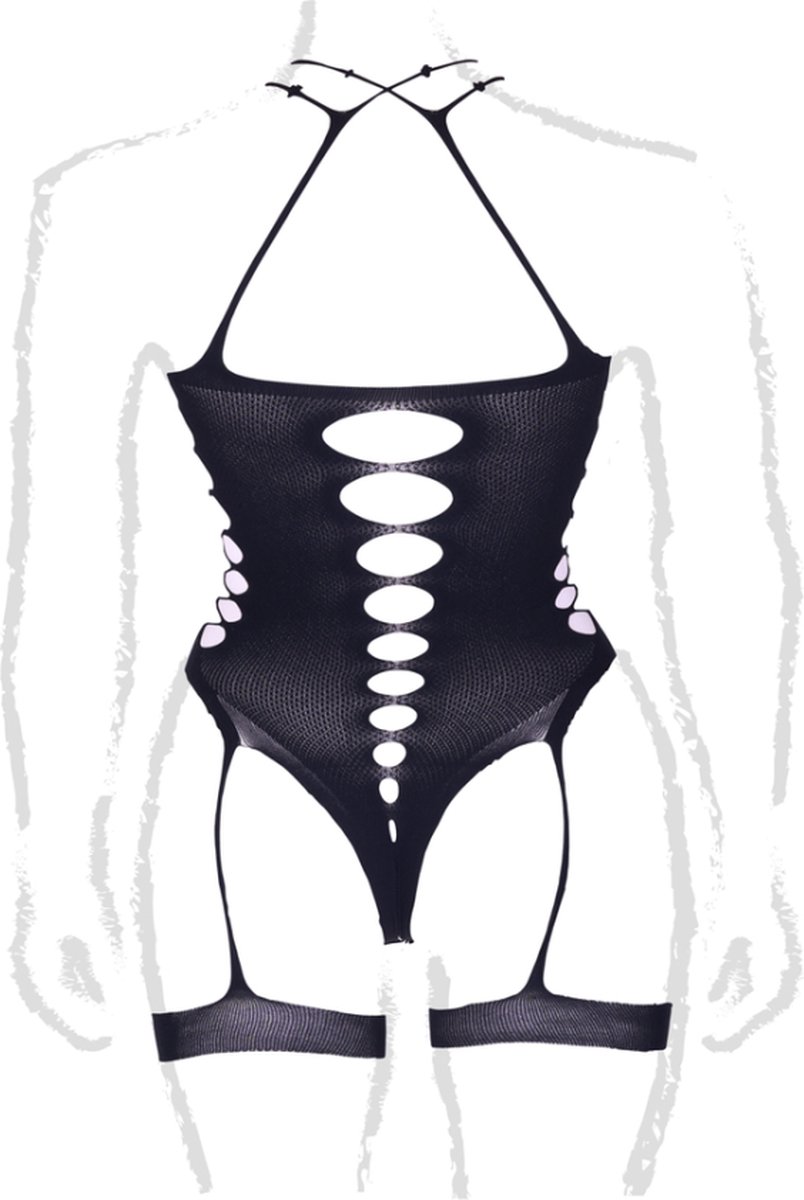 Shots - Le Désir Metis XVI - Body met Jarretels en Gekruiste Halslijn - Plus Size black Queen Size