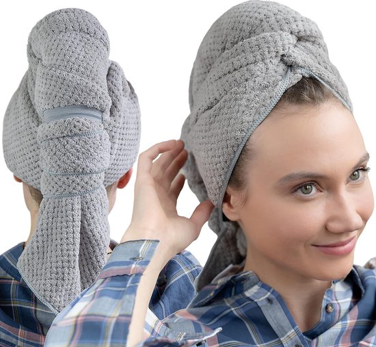 Haartulband microvezel handdoek met elastische band, premium haarhanddoek, sneldrogend, ideaal voor lang haar & super zacht, haardroogdoek in wafeldesign (grijs)