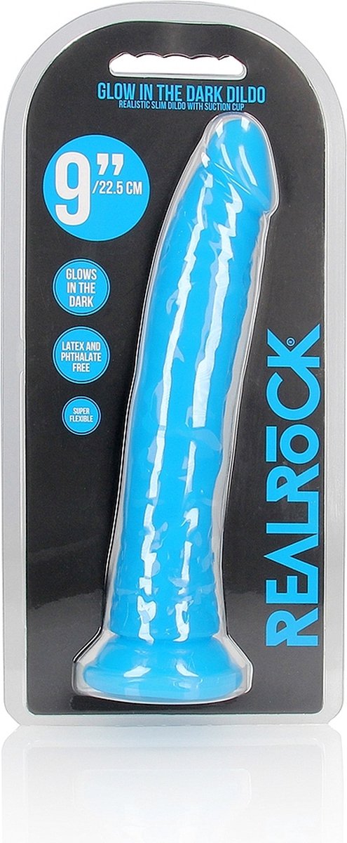 REALROCK - 9 inch - dildo - zuignap - ribbels - glow in the dark - realistisch - blauw