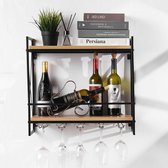 Wandwijnrek met glazen houder, 55×51cm Rustieke metalen wijnhouder, 2-laags houten wijnrek met 5 wijnglashouders, wandgemonteerd wijnrek voor keuken, thuis