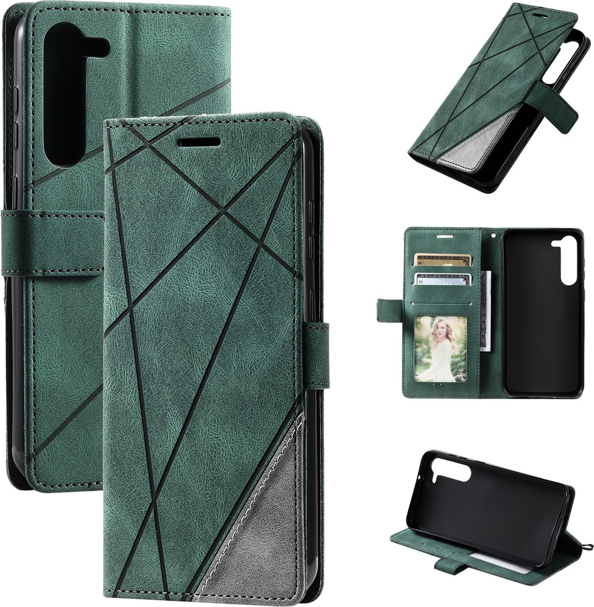 Bookcase geschikt voor Samsung Galaxy S24 | Hoogwaardig PU Leren Hoesje | Luxe Uitstraling | Telefoonhoesje | Pasjeshouder | Groen