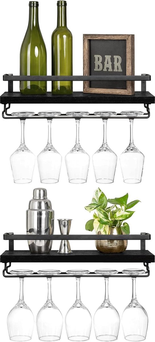 Wijnplanken set van 2 - Rustieke houten wandgemonteerde wijnflesrekken - Moderne wijn display opslaghouder voor keuken en bar Wijnglazen houder