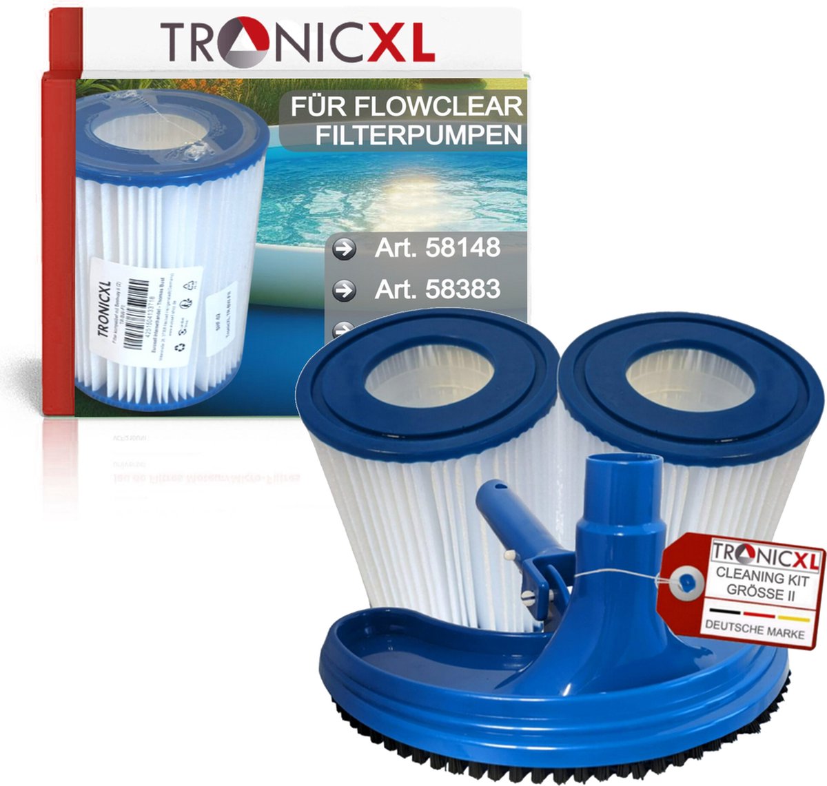 TronicXL Zwembadreinigingsset I geschikt voor Bestway Gr.II met 2 filters + zwembadsproeier bezem geschikt voor Flowclear - zwembaden 2006 en 3028 l/h 58383 58386 58094 58117 58386GS – waterfilter - sproeier