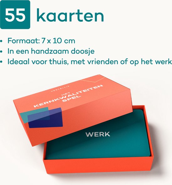 Oranje speldoos geopend, met een groene kaart met "WERK".