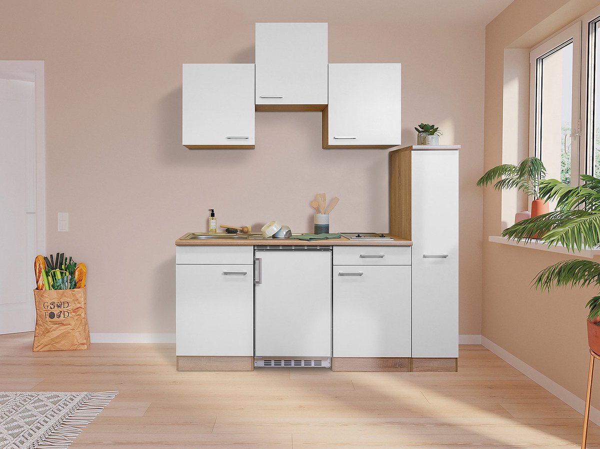 complete kleine keuken met apparatuur Luis-Goedkope keuken 180 cm-Wit/Wit - elektrische kookplaat - koelkast - mini keuken - compacte keuken - keukenblok met apparatuur