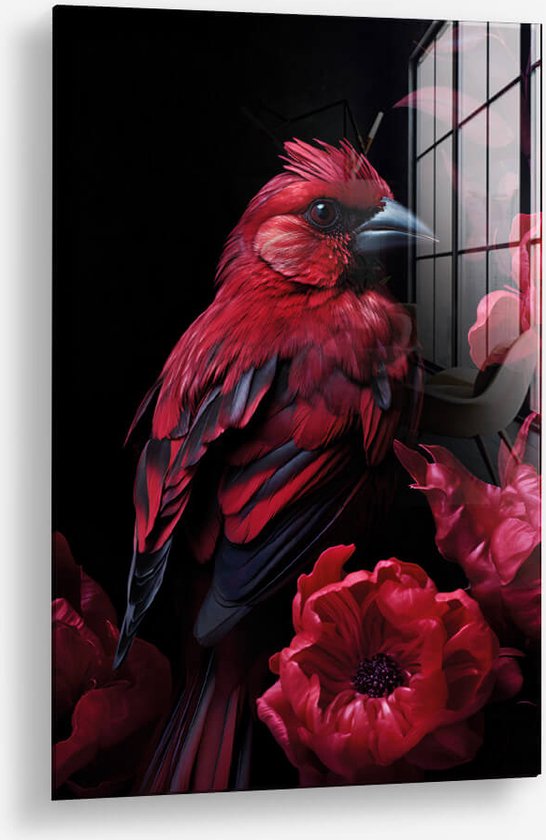 Wallfield™ - Red Bird | Glasschilderij | Gehard glas | 60 x 90 cm | Magnetisch Ophangsysteem