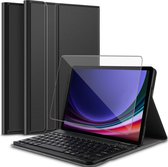Hoes met toetsenbord geschikt voor Samsung Galaxy Tab S9 / S9 FE - Screen Protector GlassGuard - Keyboard Book Case Cover Hoesje Zwart & Screenprotector