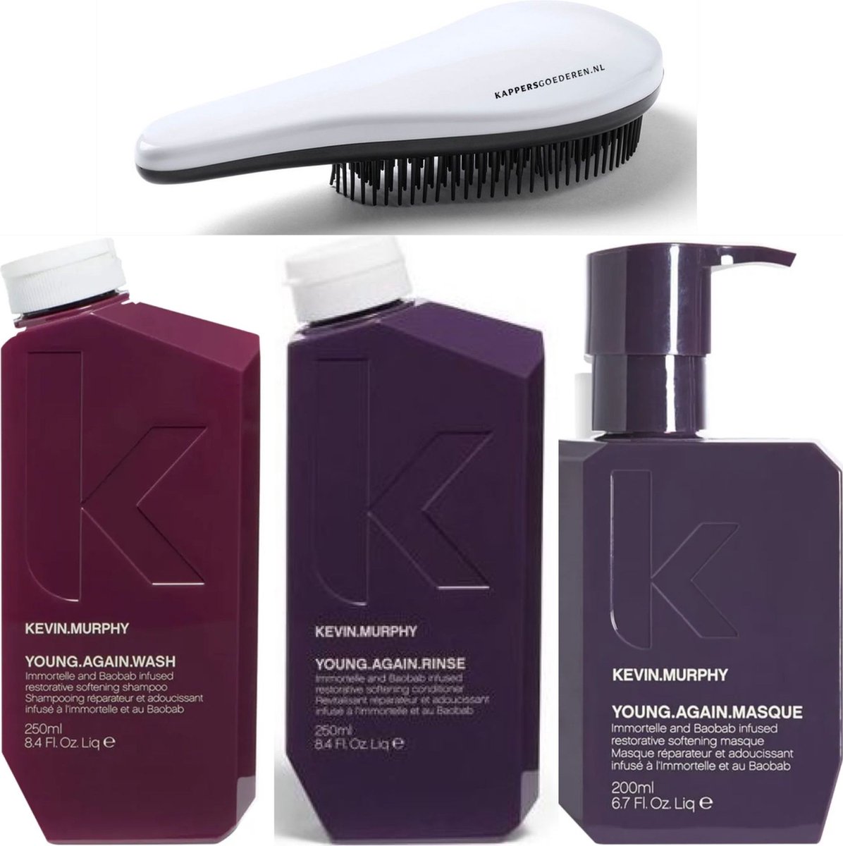Kevin Murphy - Young Again Set - Wash + Rinse + Masque + Borstel - Herstellend en voedend - Shampoo + Conditioner + Masker - Young.Again