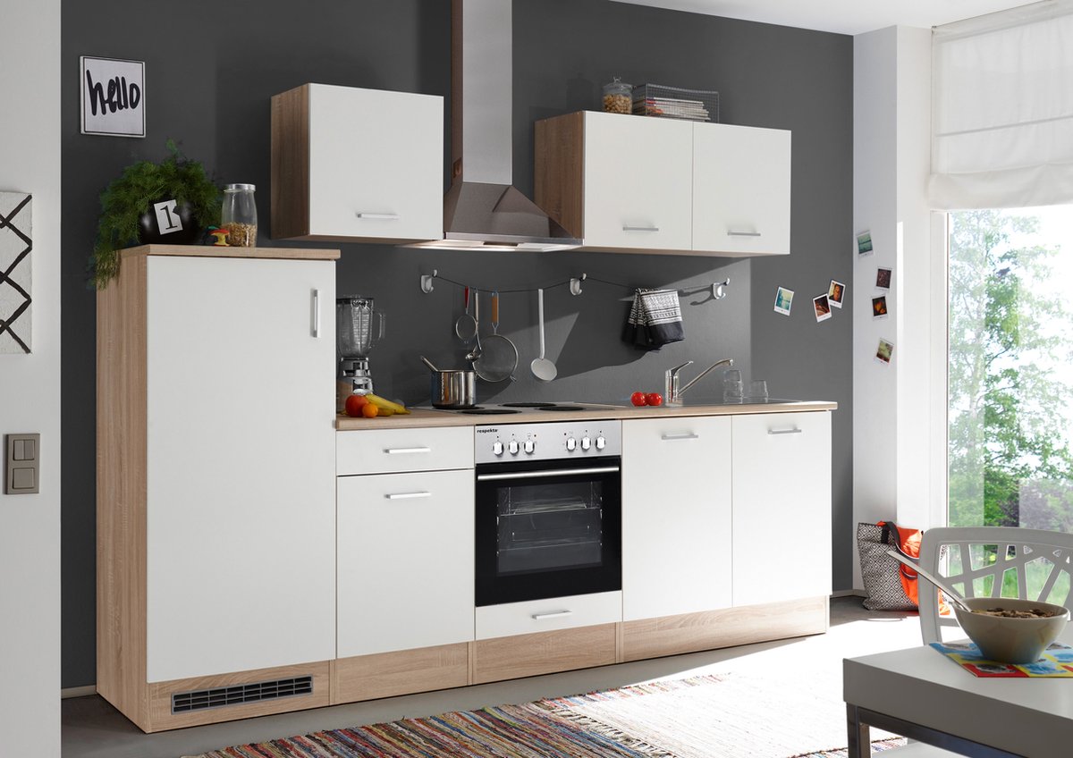 Goedkope keuken 270 cm - complete keuken met apparatuur Petunia - Natuur eiken/Wit - keramische kookplaat - afzuigkap - oven - spoelbak