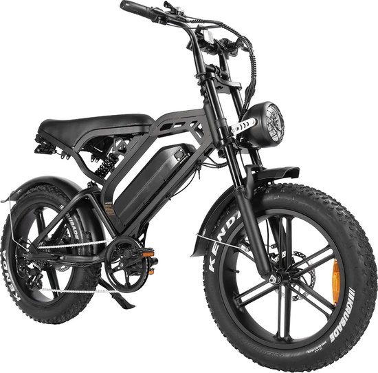 Kick&Move - Modèle V20 - dernière version 2023 - Zwart - Fatbike électrique - Fatbikes - E-Bike - 25 km/h - 250W - 7 vitesses - Complet avec chaîne antivol + support téléphone + repose-pieds arrière