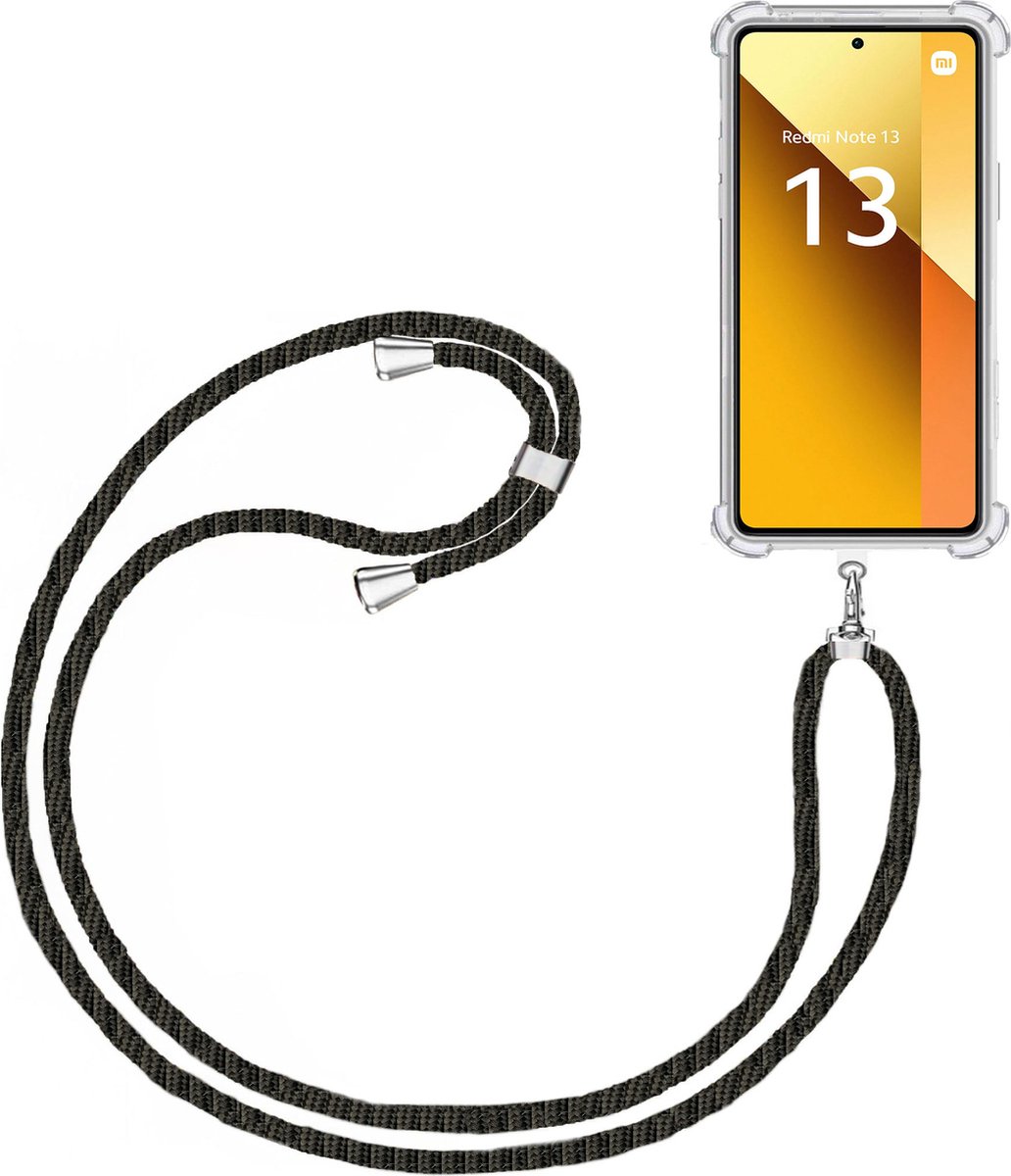Telefoonkoord + Hoesje Geschikt voor Xiaomi Redmi Note 13 4G - Lengte Verstelbaar - Telefoonketting - Shock Proof Case - Zwart