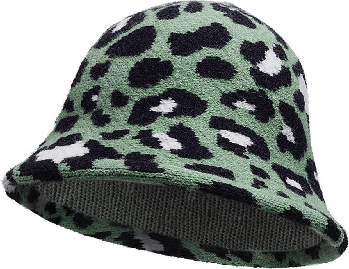 Haarsoires Bucket Hat Hoedje – Panterprint - Soft – One Size – Groen Wit Zwart - Vissershoedje - voor Dames & Heren