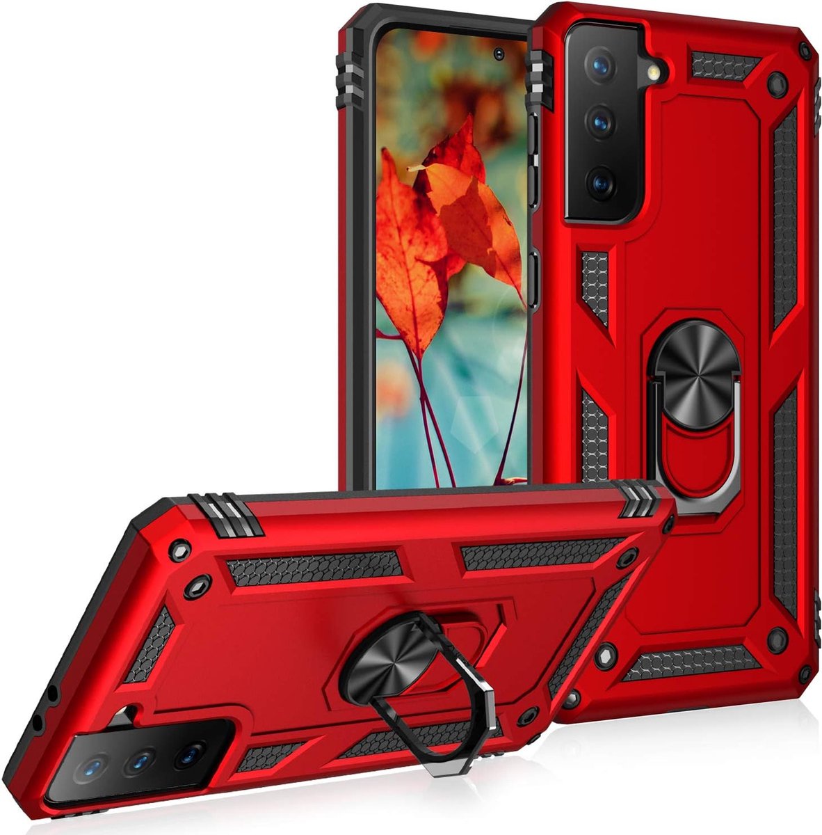 Anti-Shock Hybrid Ring Armor Hoesje Geschikt voor: Samsung Galaxy S21 FE - Rood