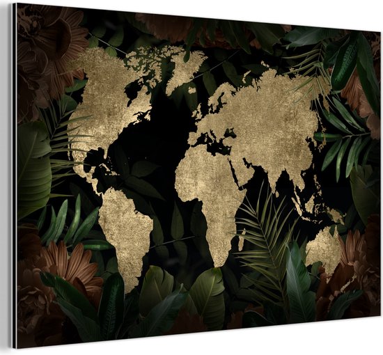 Décoration murale Métal - Peinture Aluminium - Wereldkaart - Vintage - Plantes - 180x120 cm