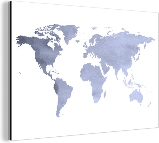 Décoration murale Métal - Peinture Aluminium - Wereldkaart - Blauw - Grijs - 30x20 cm - Dibond