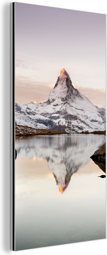 Wanddecoratie Metaal - Aluminium Schilderij Industrieel - Uitzicht vanaf de Stellisee op de Matterhorn in Zwitserland - 20x40 cm - Dibond - Foto op aluminium - Industriële muurdecoratie - Voor de woonkamer/slaapkamer