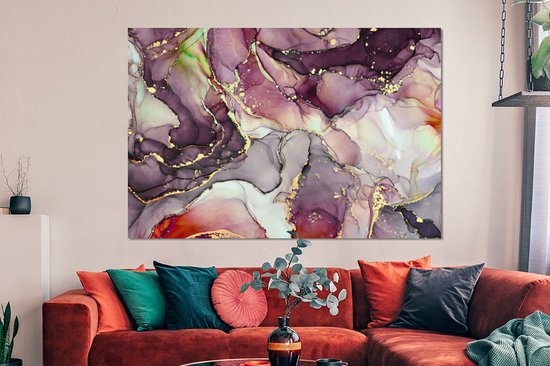 Décoration murale Métal - Peinture Aluminium Industriel - Marbre - Rouge - Violet - Or - 150x100 cm - Dibond - Photo sur aluminium - Décoration murale industrielle - Pour le salon/chambre
