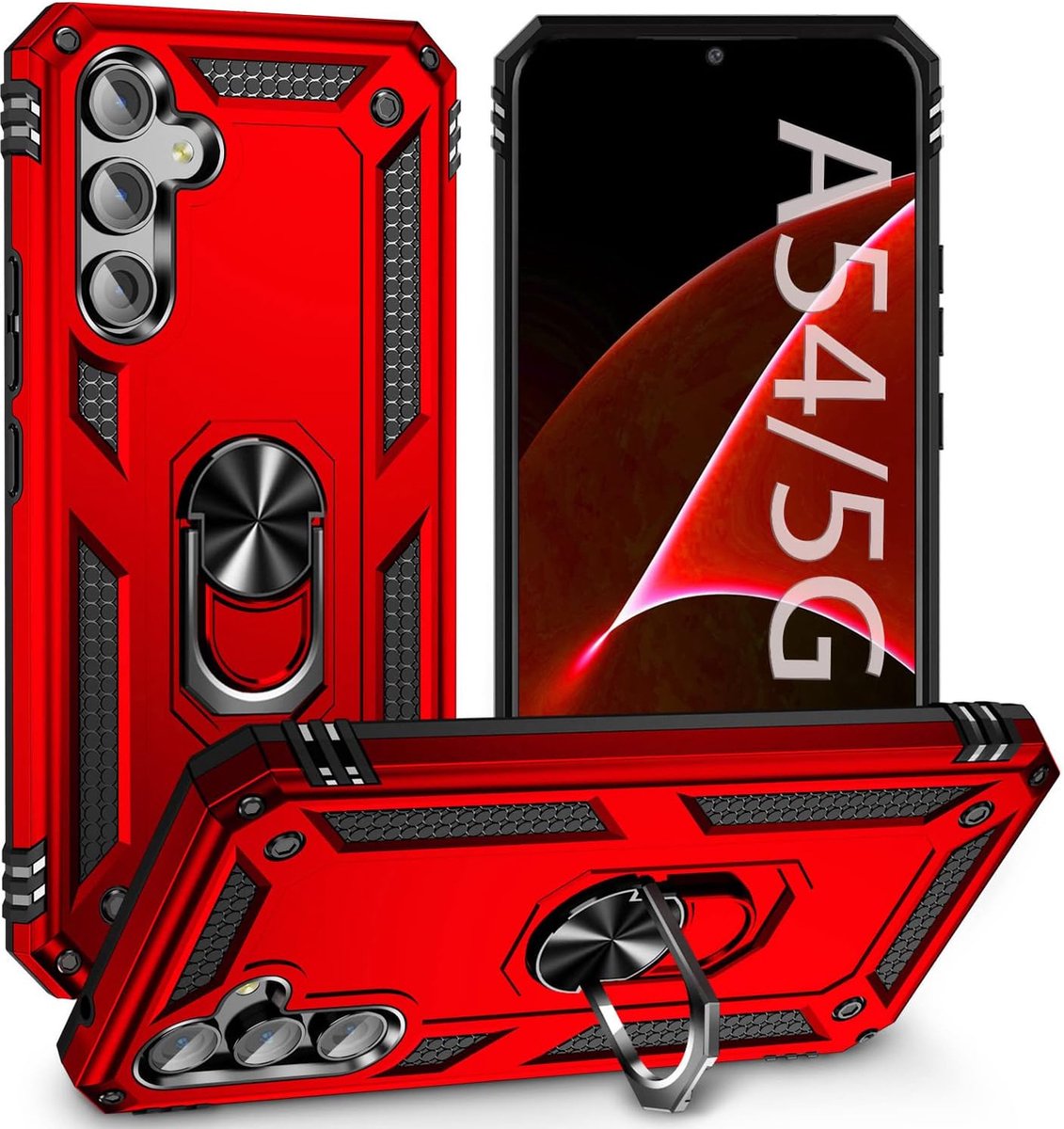 Anti-Shock Hybrid Ring Armor Hoesje Geschikt voor: Samsung Galaxy A54 - Rood